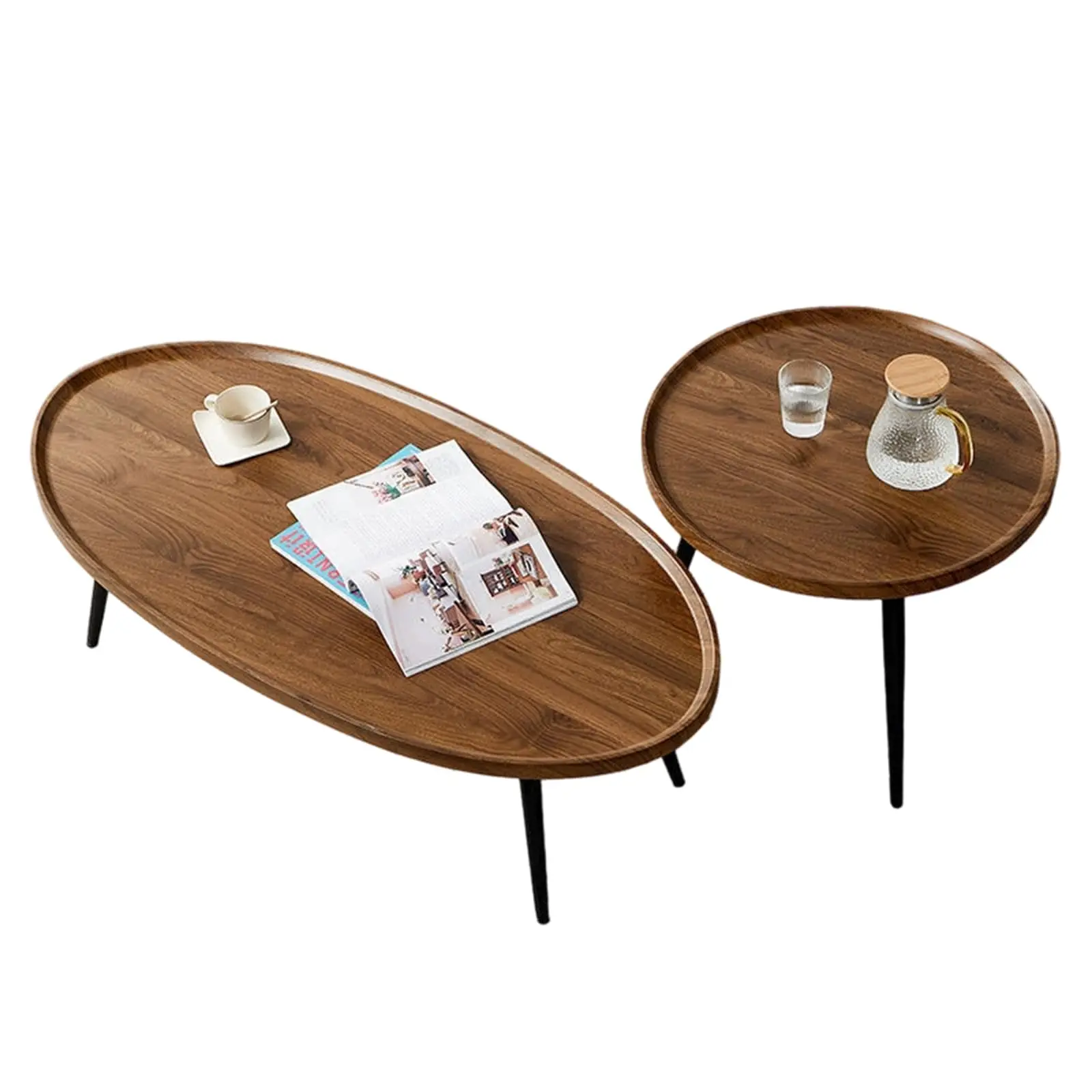 Set di tavolini da salotto rotondi, composto da 2 tavolini moderni, dal design minimalista e in stile scandinavo, con piano in legno e struttura in metallo, ideali per il soggiorno o il balcone,