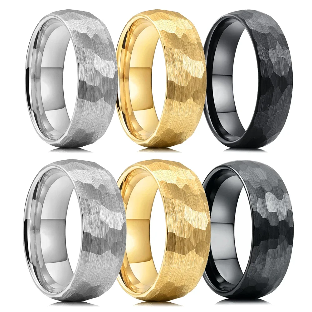 Mode gehämmert facetten reiche Titan ringe für Männer Frauen schwarz gebürstet Edelstahl Paar Ring