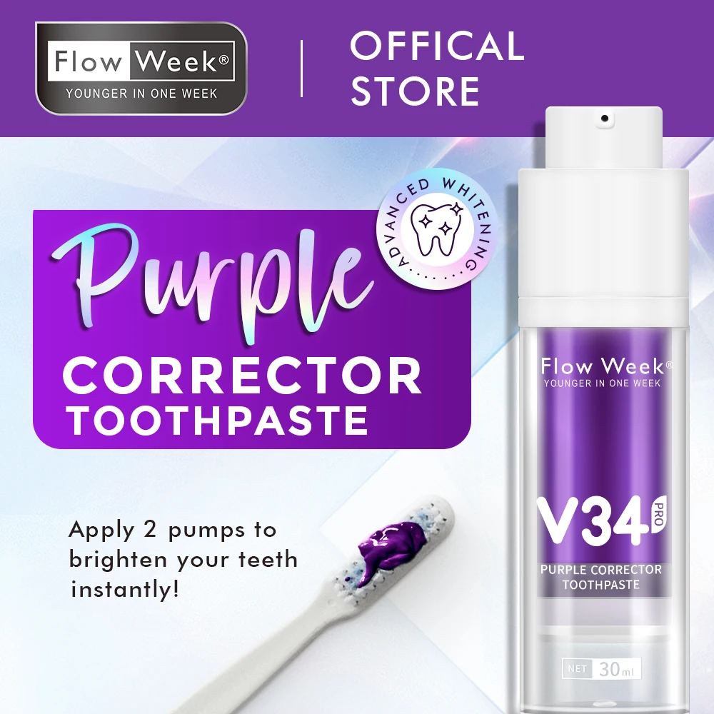 FlowWeek V34 Purple Toothpaste, Teeth Whitening V34, White Teeth, White Toothpaste, Bleach Teeth, Remove Cigarette Coffee Stains