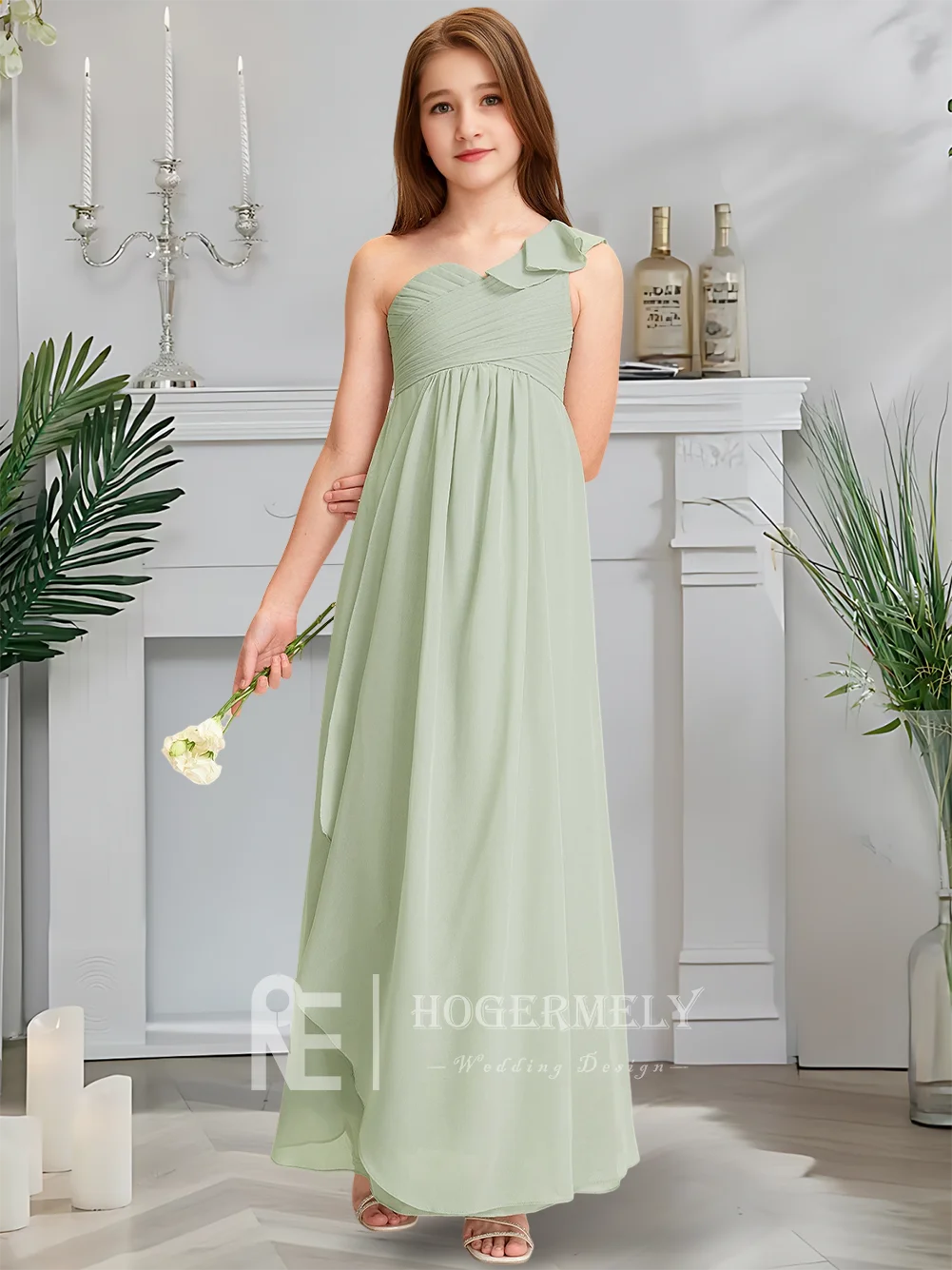 หรูหราหนึ่งไหล่ชุดเพื่อนเจ้าสาวจูเนียร์ Twilight Mauve ดอกไม้สาวชุดยาวชีฟอง Cascading Ruffles งานแต่งงาน