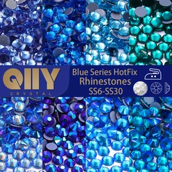 QIIY SS6-SS30 Hotfix Glass Flatback Rhinestone Multi Color Blue Glitter Round Stones Iron On Rhinestones For Clothes Decoration