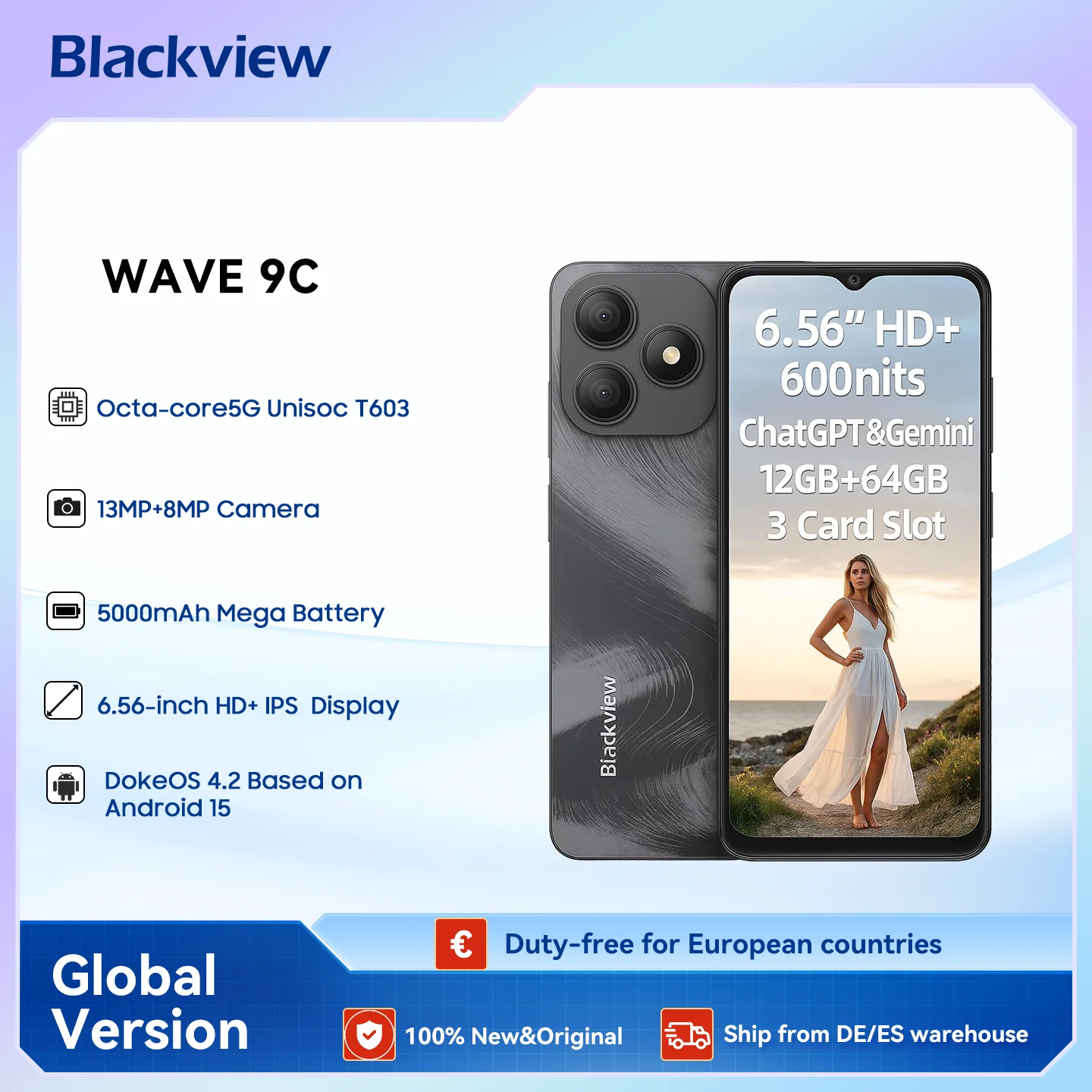 Smartphone Blackview Wave 9C, téléphone portable Android 15, 6.56 pouces, 4 go + 64 go et 4 go + 128 go, batterie 13MP + 8MP, 5000 mAh, identification d'empreintes digitales/faciale
