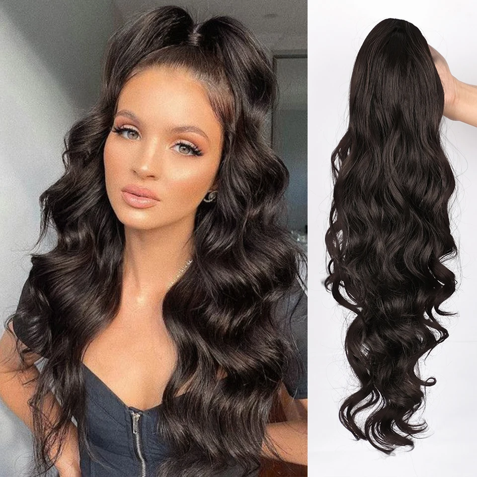 Brazilian Body Wave Ponytail Human Hair Magic Paste Wrap Around Ponytail Clip In Hair Extension Natural Color 18inch