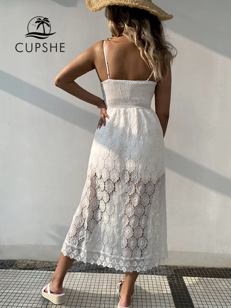 CUPSHE V-neck Thin Straps Jumpsuit For Woman White Sexy Smocking Beach Kaftan Maxi Slip Dress Cover Up 2023 Summer Beachwear