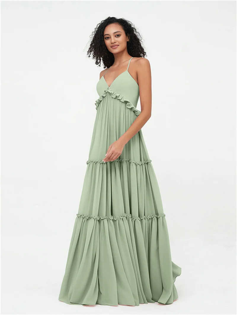 

V-Neck Ruffle Tiered Dress With Spaghetti Straps 2024 Summer A-Line Long Bridesmaid Dresses Party Special Occasion Women'S Robe