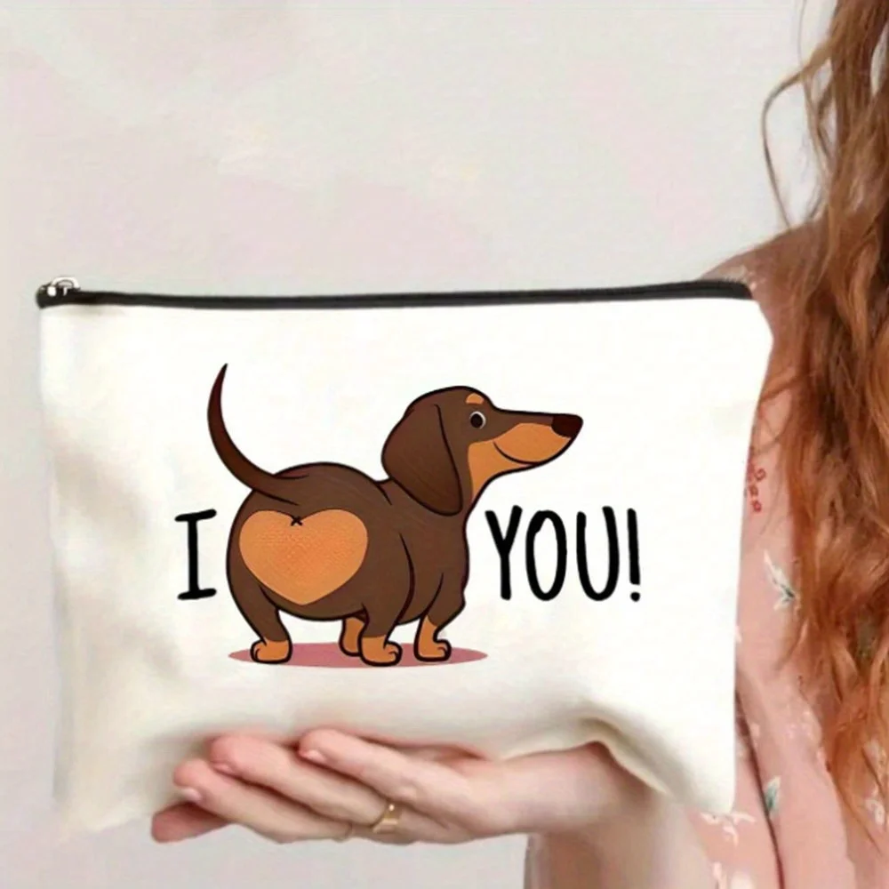 1Pc Dachshund Dog Butt I Love You Retro Design Makeup Bag, Travel Bag, Snack Storage Bag, Stationery Storage Bag, Canvas Double-Sided Printed Bag