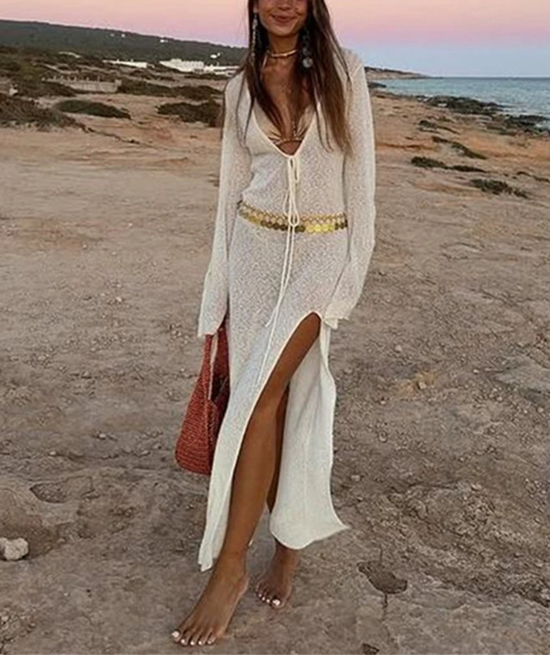 여름 긴 소매 딥 브이 넥 하이 슬릿 니트 드레스 시스루 레이스 업 크로 셰 뜨개질 비키니 커버 업 섹시한 비치 가운 수영복