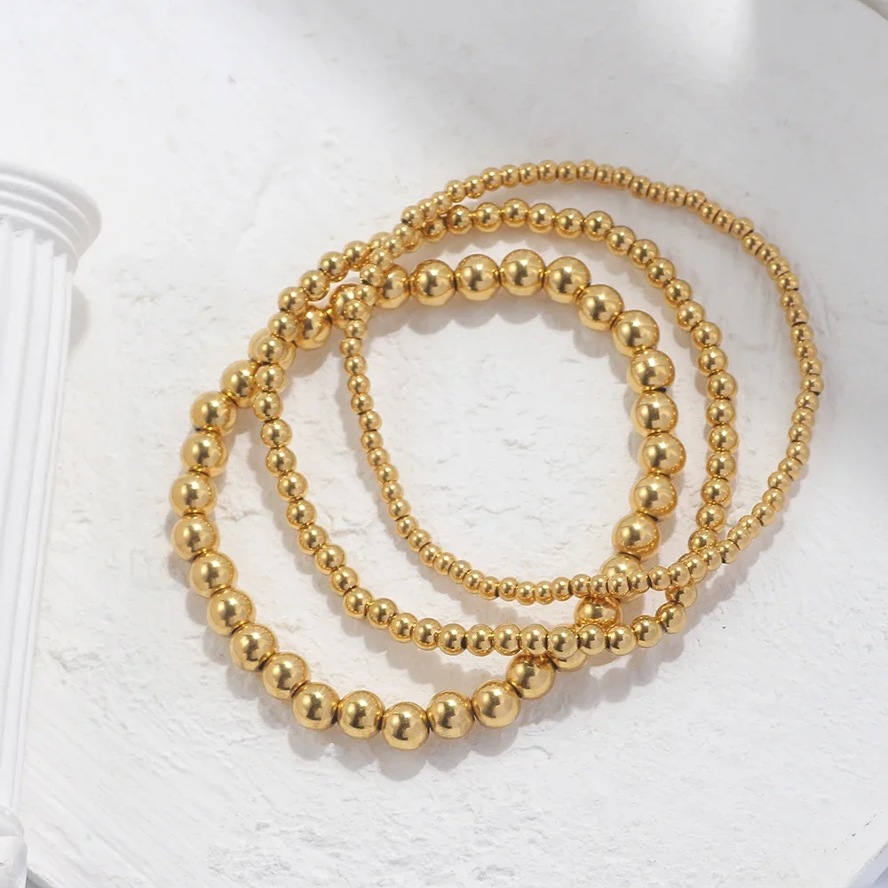 3 stks/set 18 K Vergulde Rvs Kralen Armbanden Voor Vrouwen Trendy Sieraden Manchet Metalen Kralen Gift - afbeelding 2