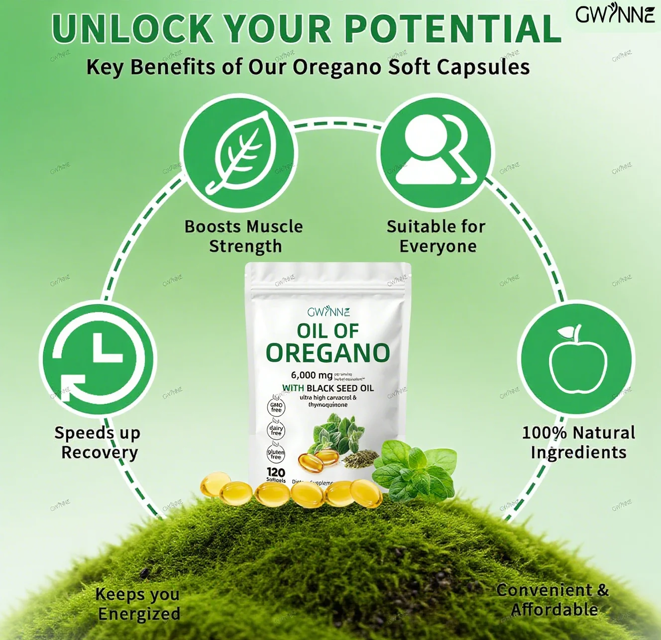 Gwynne Micro Ingredients Oregano زيت كبسولة ناعم 6000 ملجم لكل تخدم 120 كبسولة زيت البذور السوداء المدمج