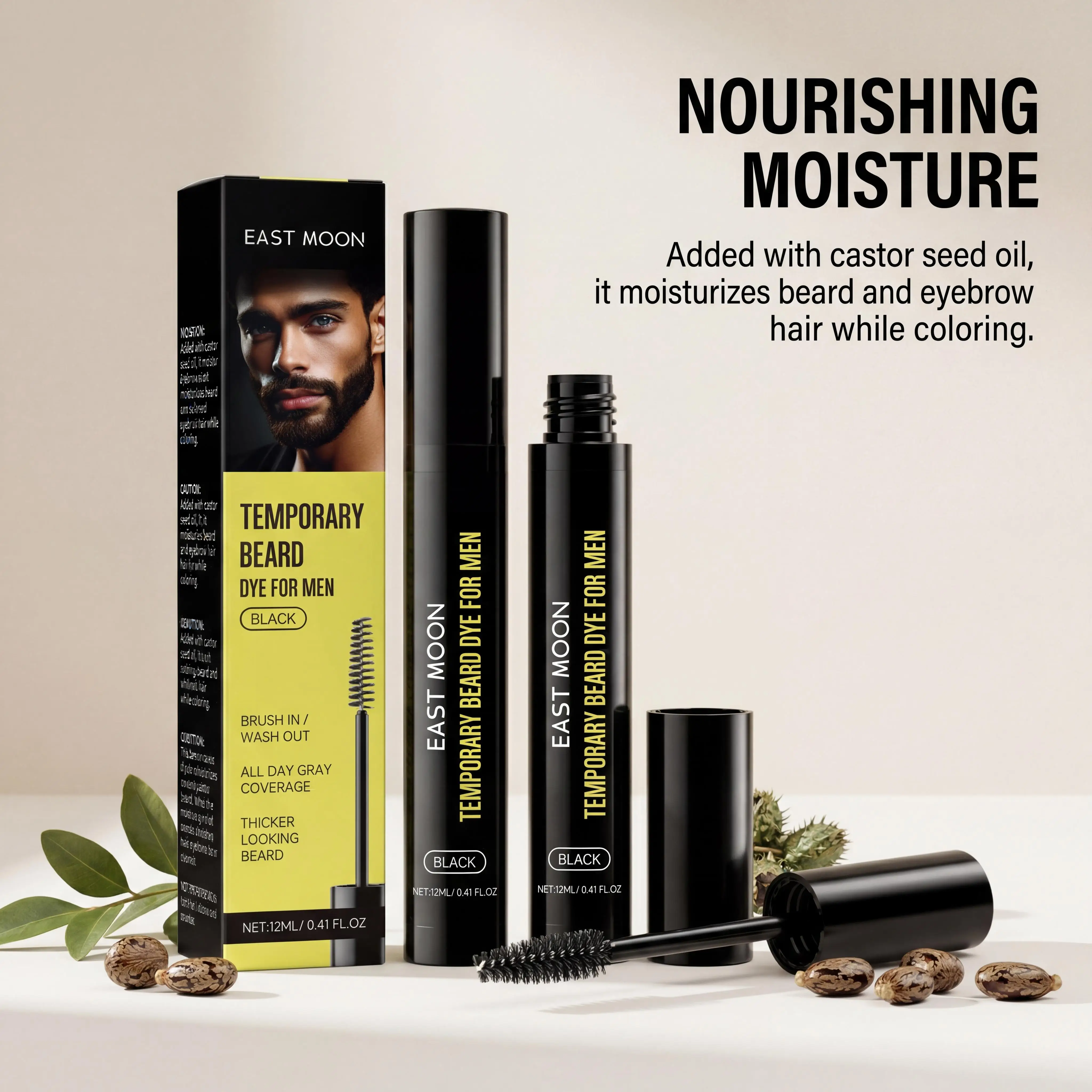 East Moon Men Black Beard Eyebrow Dye Cream Castor Oil Temporary Color Quick Result Easy Application Natural Darkening Beard Color