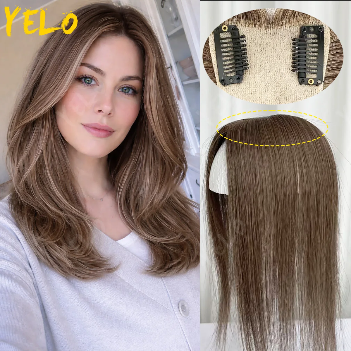 7×11cm注入式puベースのトップピース、ストレートバージンヘア25cmの3クリップ式人毛ヘアピース（女性用）