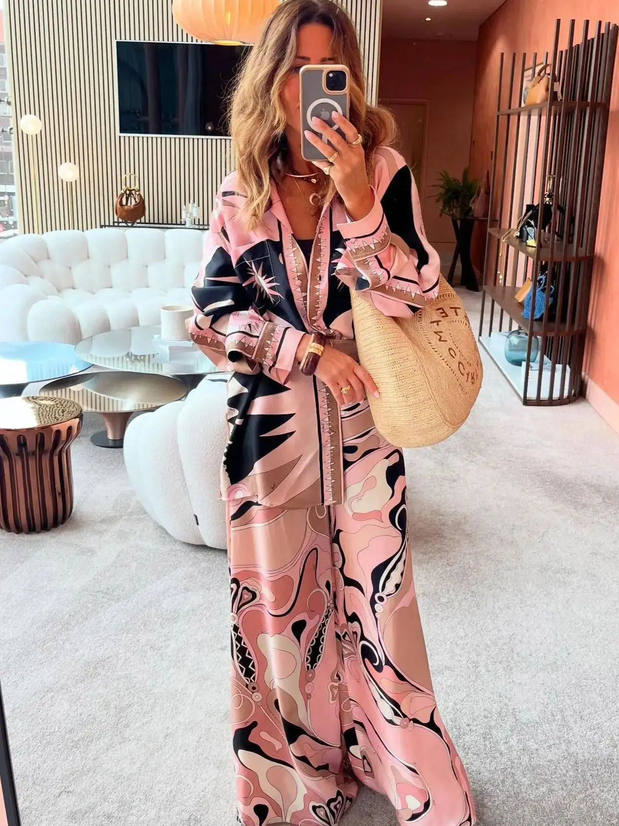 

Puc Real Silk Vacation Style Abstract Print 2 Piece Set Women Loose Button Shirt & Flowy Wide Leg Pants Suits Summer Beach Wear