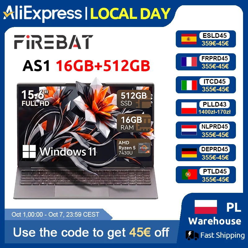 Firebat AS1 AMD R5 7430U 2026 Neues Laptop 6 Kerne 15,6 Zoll 16GB DDR4 RAM 512GB SSD Bis zu 4,3 GHz Notebook
