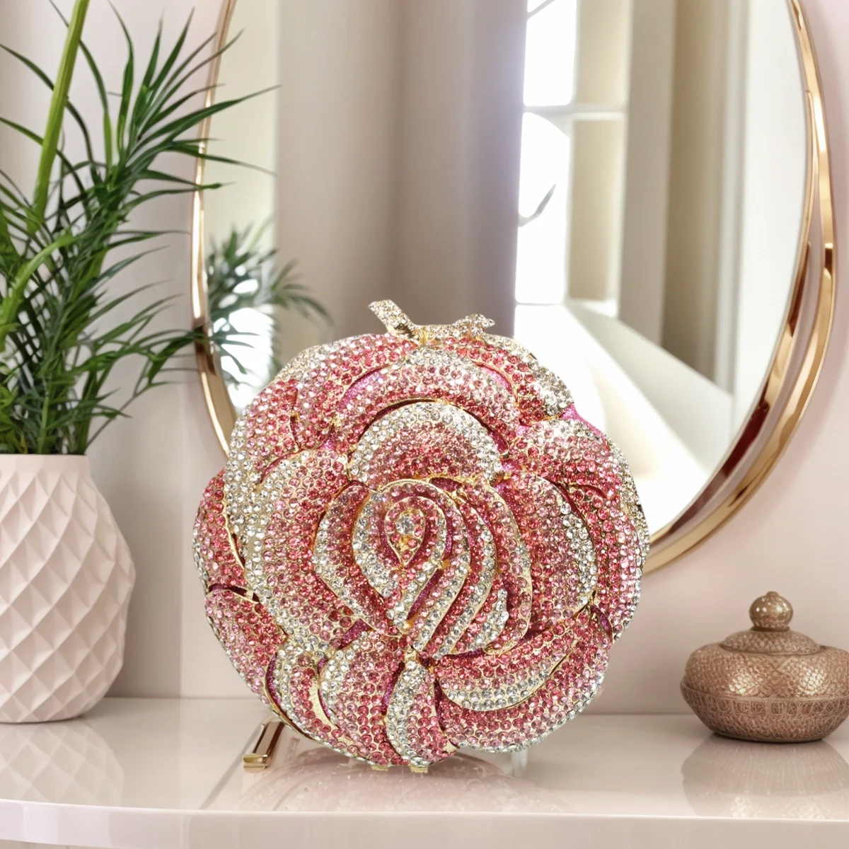 

Women 3D Flower Rhinestones Evening Purse Round Rose Crystal Clutch Bag Floral Handbag for Wedding Party