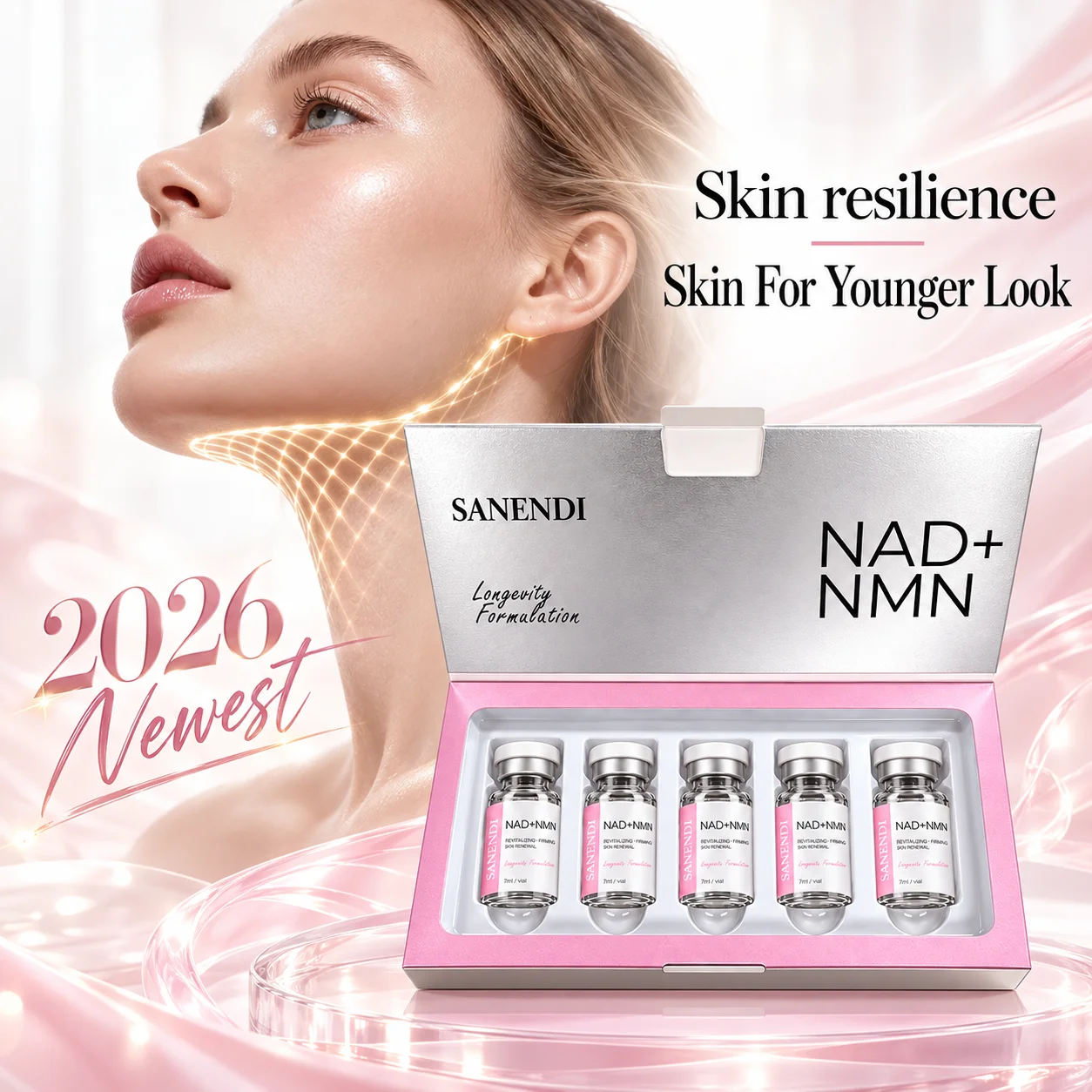 SANENDI NAD+ Facial Ampoule Serum 7ml*5 Vials Skin Resilience Texture Refining Hydrating Skin Booster Face Care Essence