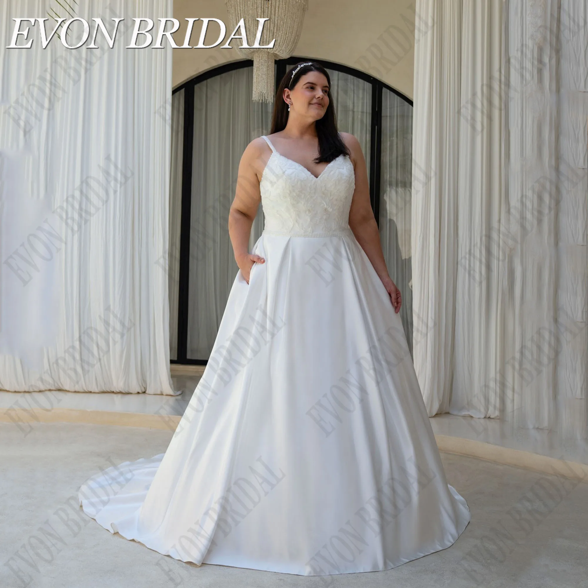 

EVON BRIDAL Plus Size Vintage Satin Wedding Dress For Woman V-Neck Applique Spaghetti Straps A-Line Button Vestidos De Novia