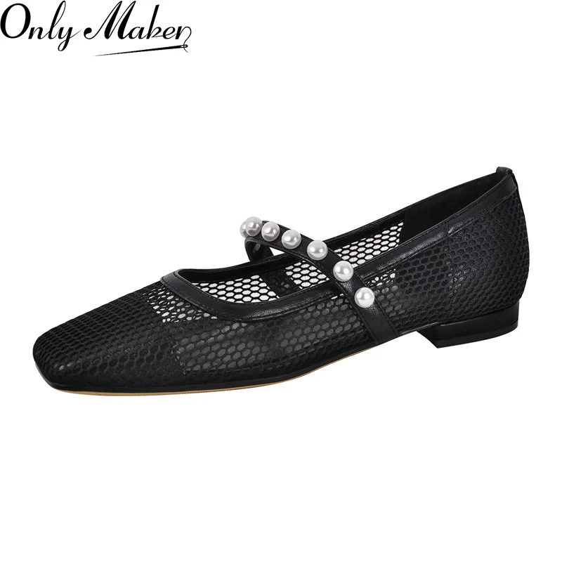 Onlymaker Woman Square Toe Flats Pearl Belt Mesh Flats Handmade Buckle Breathable Comfort Mary Jane Shoes