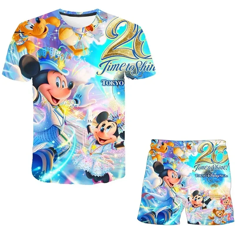 Disney Mickey Summer Boys and Girls Short Sleeve Set 3D Fashion Cartoon Children/Adult O-Collar T-Shirt Shorts Two-piece Set