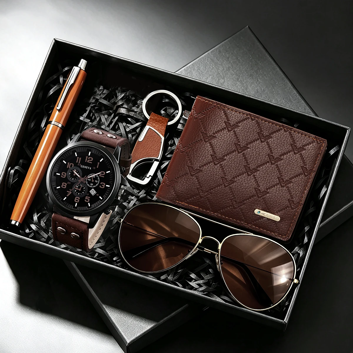 5-Piece Set of Men's Brown Sports Watch with Wallet, Glasses, Keychain, and Accessories Set, with Gift Box, Calendar, Fashionable Casual Digital Dial Quartz Watch, Best Gift for Father's Day, Christmas, New Year's Day, Valentine's Day