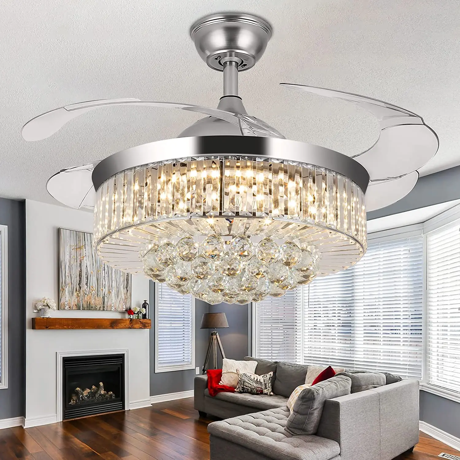 42"Invisible Ceiling Fan Chandelier Light,Modern Crystal Ceiling Fan Light Remote Control 4 Retractable ABS Blades For Bedroom