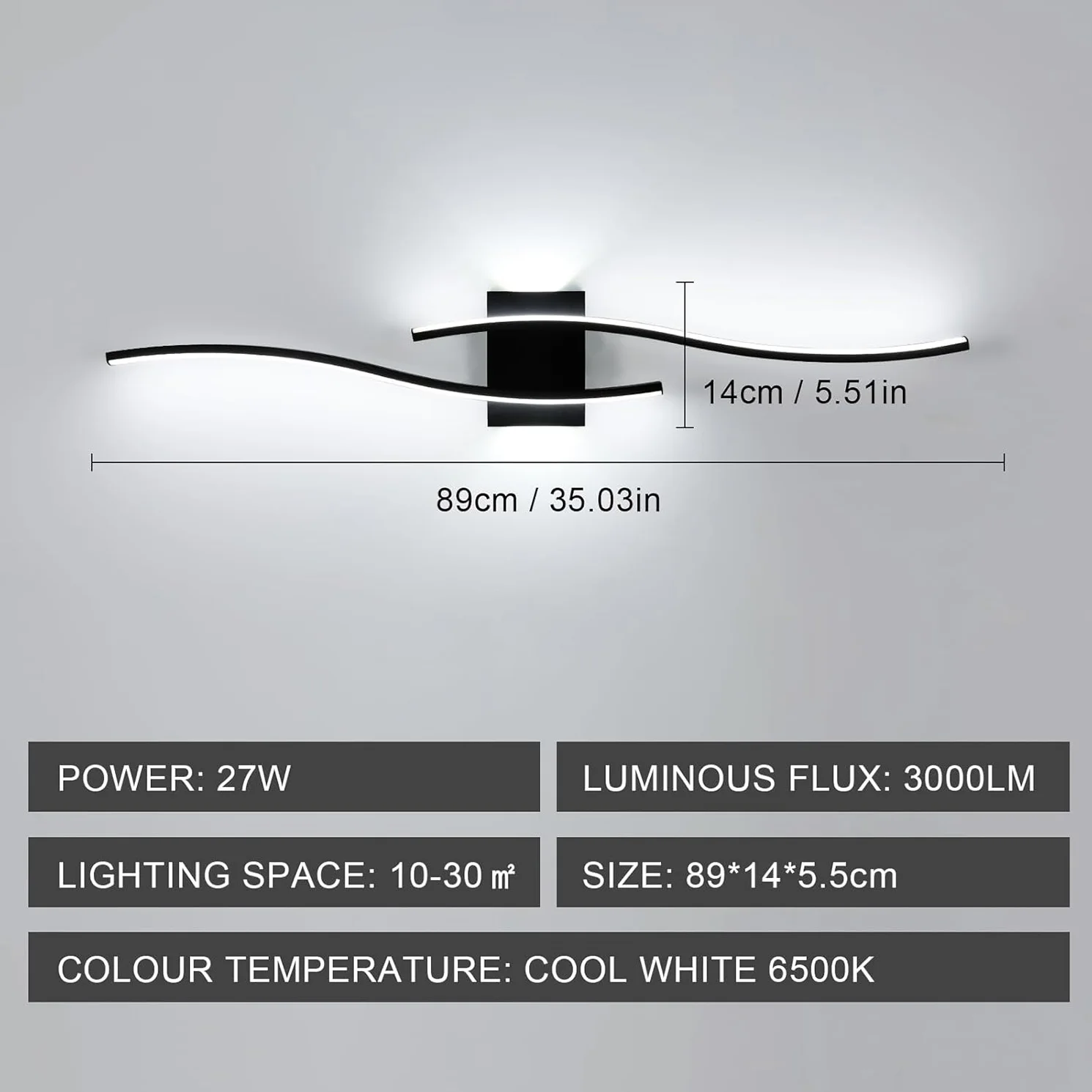 LED-binnenwandkandelaar, wit licht 6500K zwarte LED-wandlamp, LED-wandlamp voor binnen voor slaapkamer, studeerkamer, hal, trap