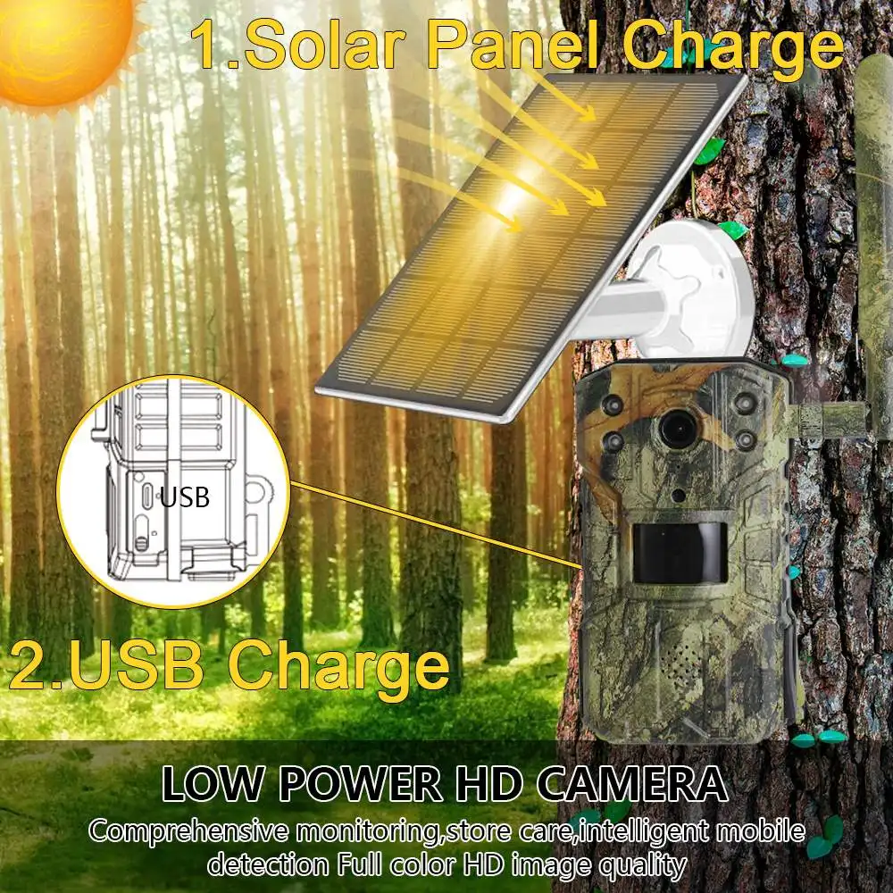 Solar shooting Trail Camera 20M PIR Motion Detection storm Camera 4K 14MP 4G SIM Card 30M Nigh Vision mAh