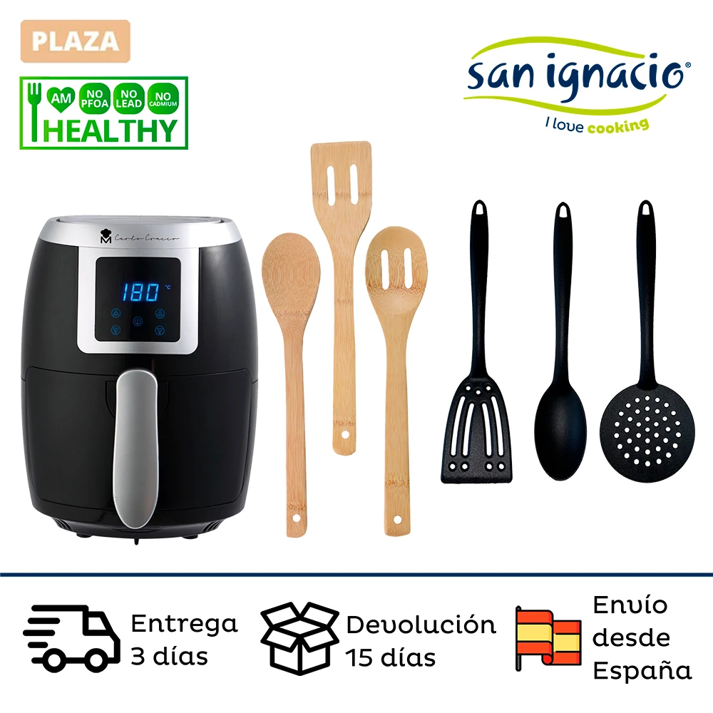 SAN IGNACIO oil-free air fryer 2L with oil-free fryer accessories with kitchen utensils in bambu