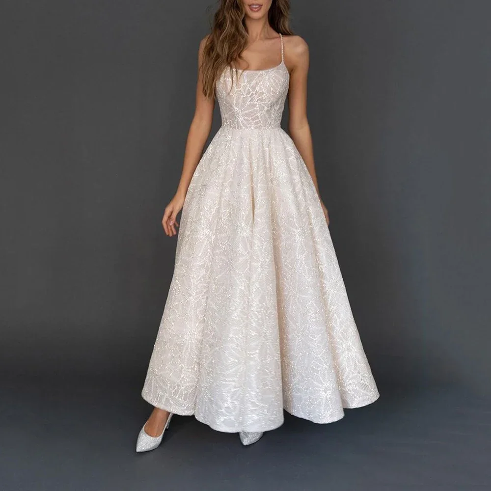 Einfaches glitzerndes kurzes weißes A-Linien-Hochzeitskleid mit Spaghettiträgern, knöchellang, individuelle Brautkleider, elegante Luxus-Robe de Soiree