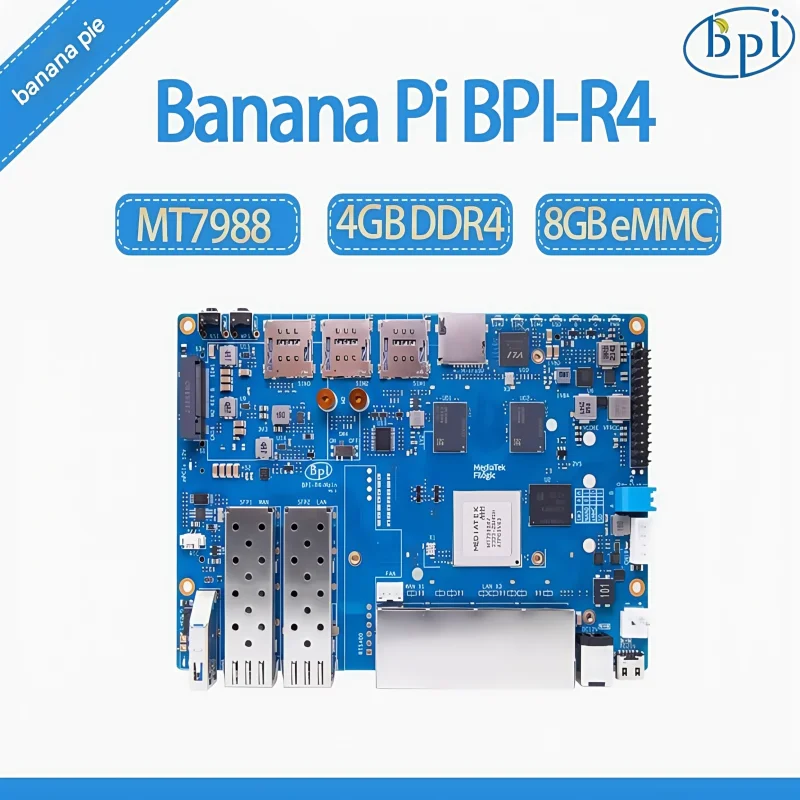 

Роутер Banana Pi BPI-R4 Wi-Fi 7, использует чип MediaTek MT7988A, с памятью 4G и встроенным 8G eMMC.