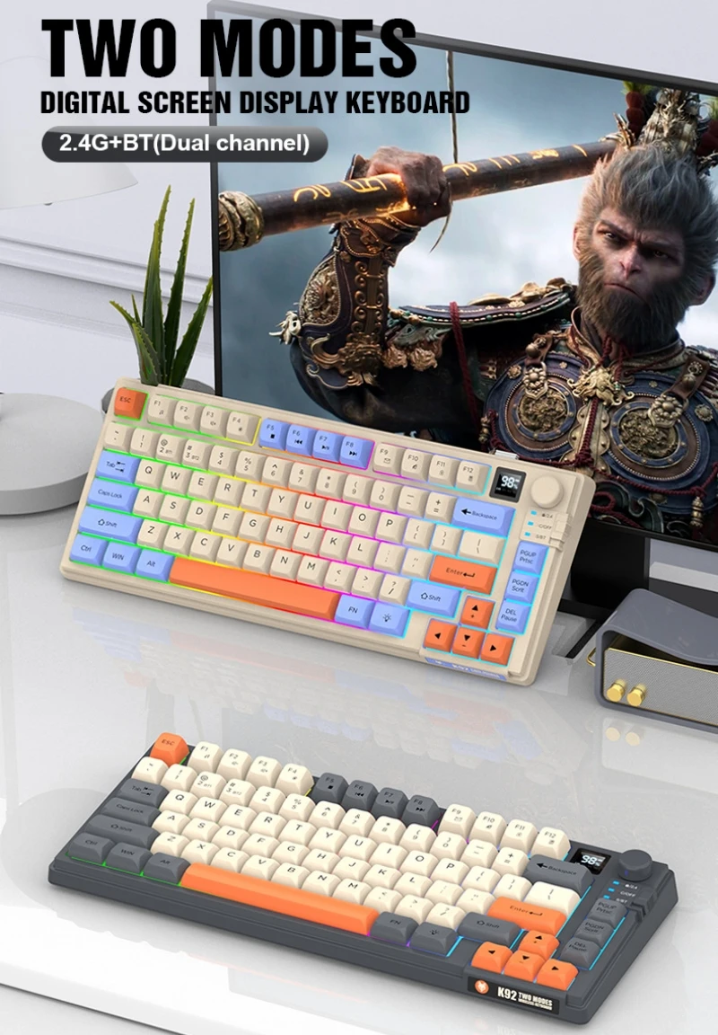 Wireless Keyboard 80 Key 80% Layout Spanish Russian Arabic Korean Keyboard Mouse Set Bluetooth 2.4G 2000mAh Type C K92 Backlight
