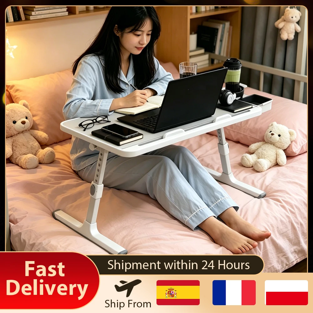 Mesa Plegable para Portátil para Cama o Sofá, Mesa Ajustable para Portátil con Portavasos y Cajón, Diseño Ergonómico, 8 Niveles de Ajuste de Altura