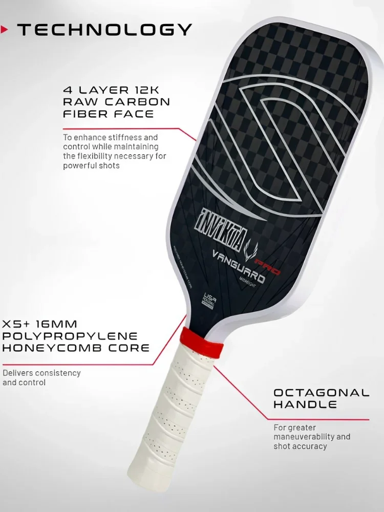 INVIKTA VANGUARD PRO 12K Paleta de Pickleball termoformada de fibra de carbono cruda Núcleo de panal de polímero de 16 mm Potencia aumentada, control