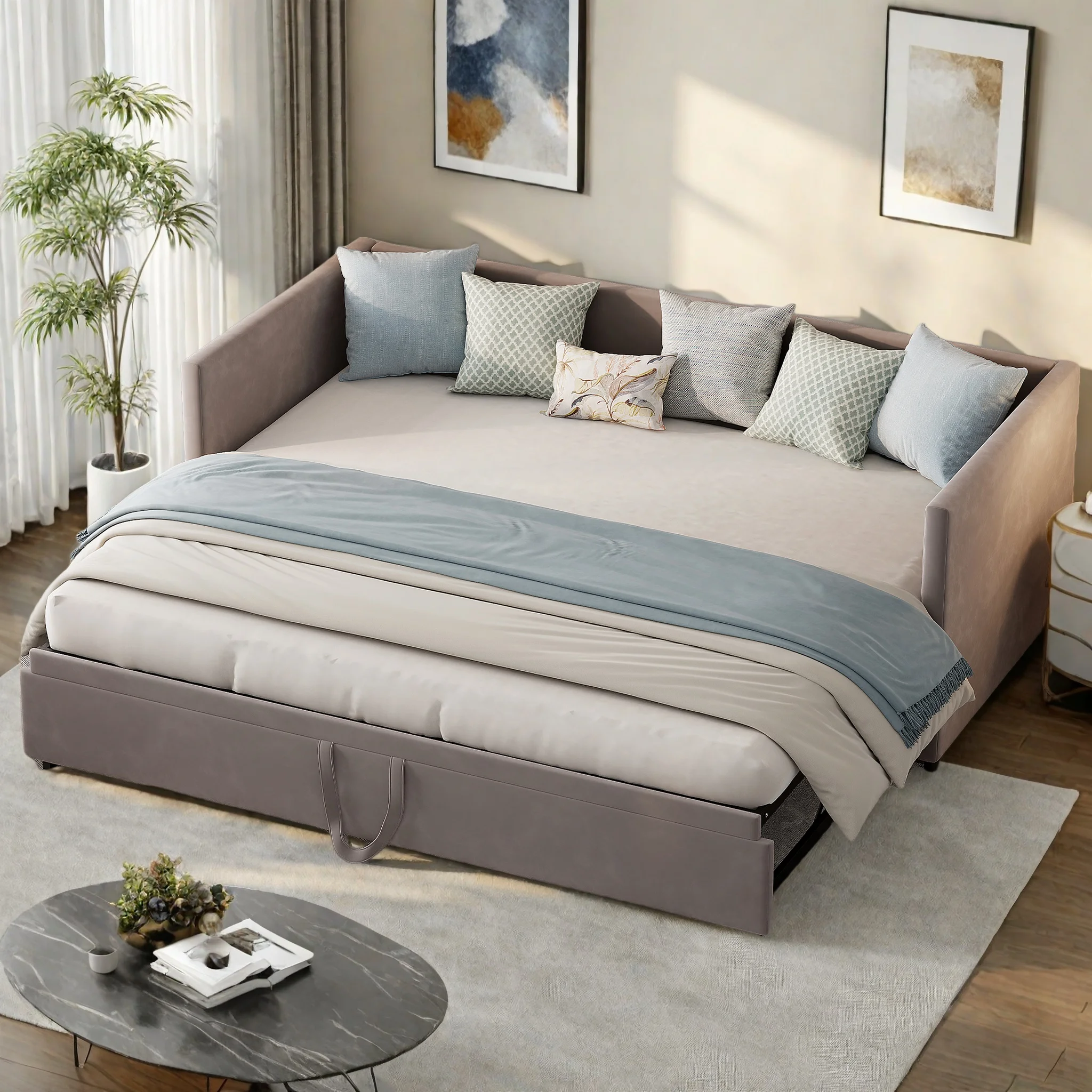 Canapé-lit Convertible 90/180x200 cm, Canapé lit 2 Places, Canapé-lit Extensible rembourré,Canapé-lit gigogne,Velours,Beige/Gris