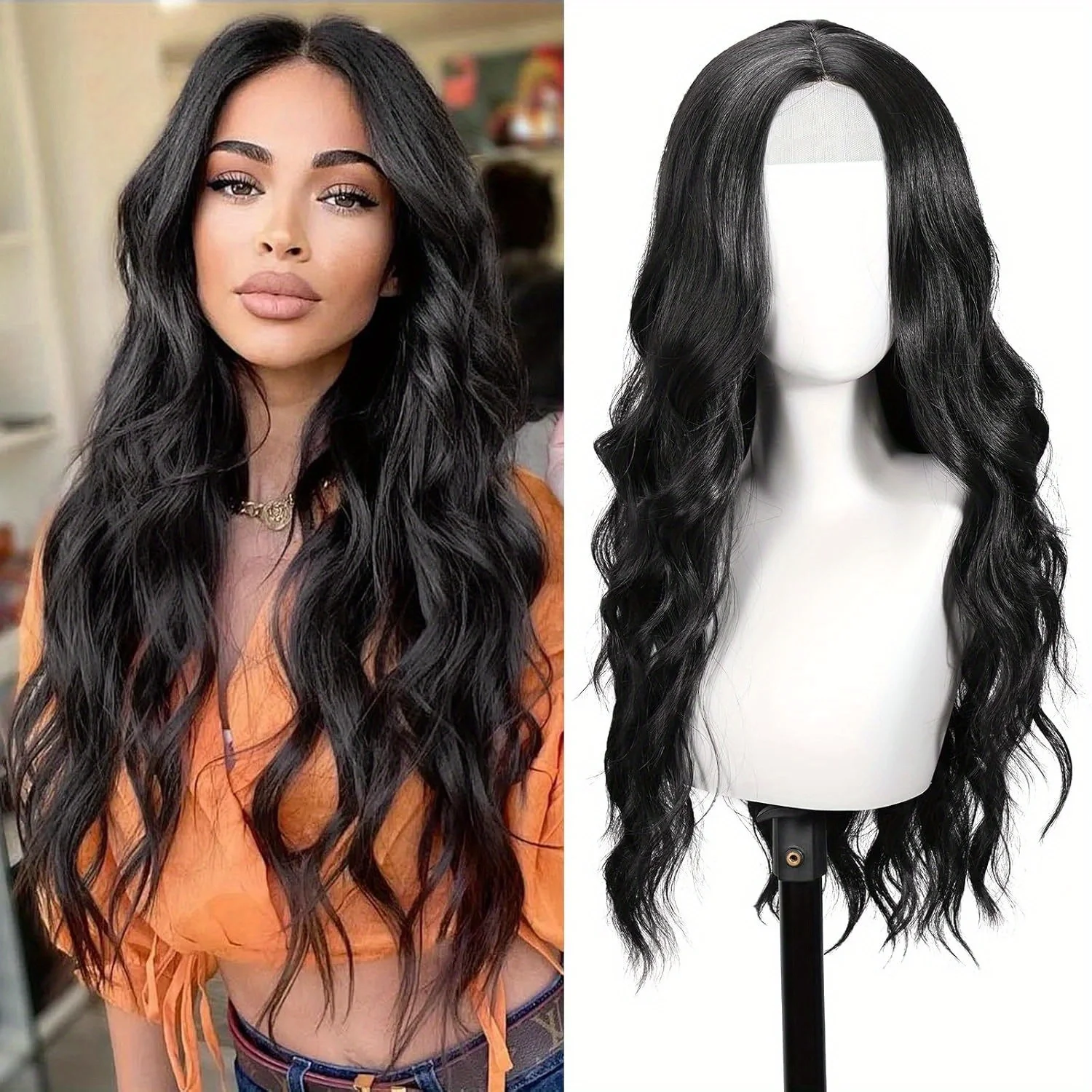 

WFR 037 Black Wig for Women, 26 Inch Long Curly Wavy Wigs Natural Looking Synthetic Heat Resistant Fiber Wig, Lace Hairline Wig