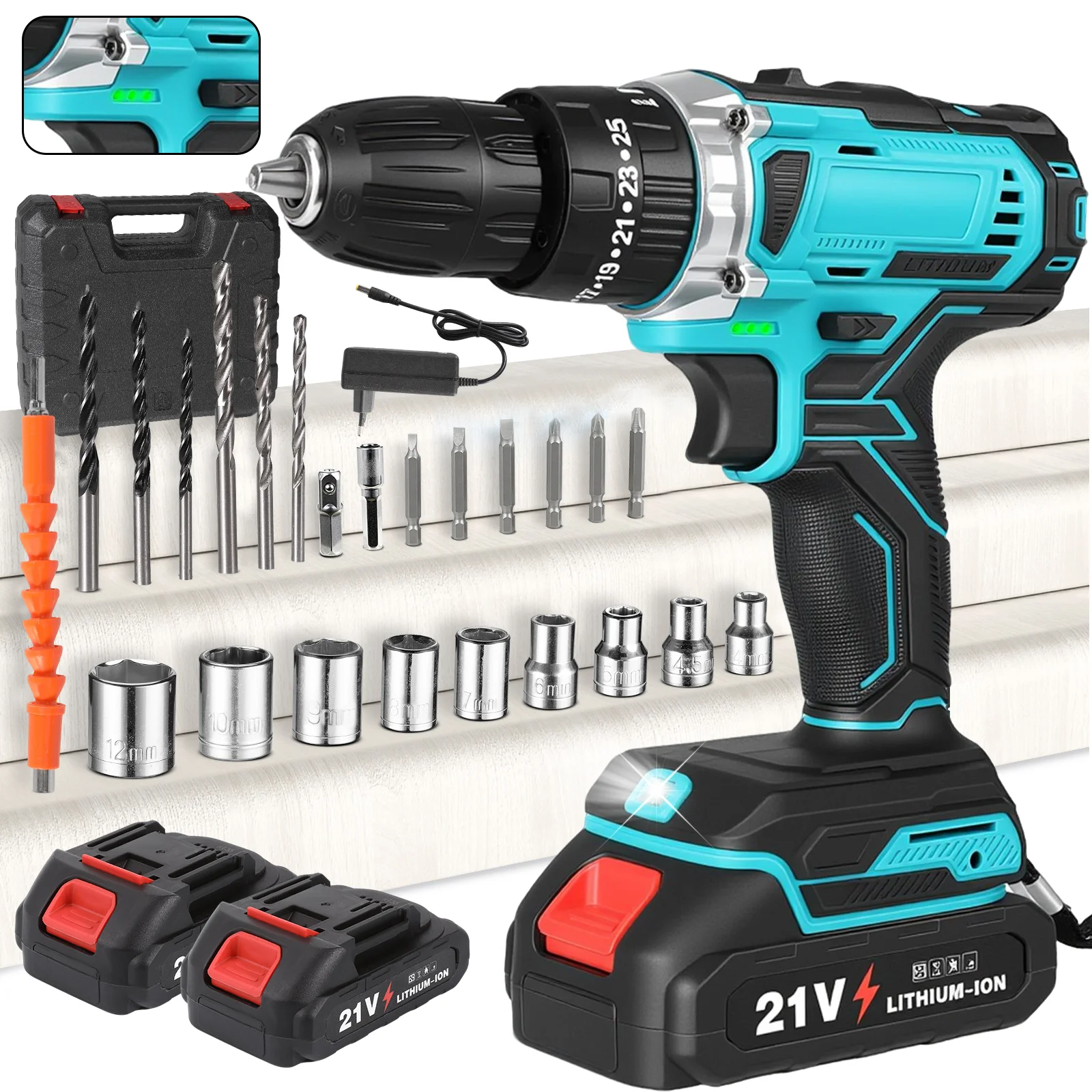 Image of 21V Akku-Bohrschrauber-Set 29-teilig 35Nm Elektrobohrer 3/8 Zoll Schnellspannbohrfutter 25+3 Gangschaltung Variable Geschwindigkeit für Makita 18V Akku