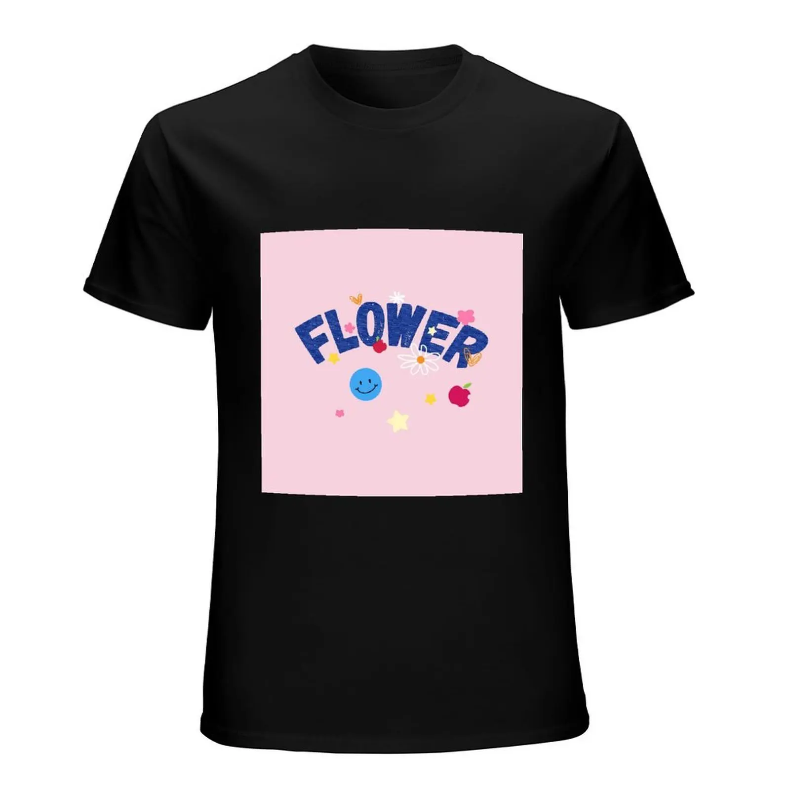 Cute Hand Drawn Rainbow Flower Smiley Black Cotton T-shirt Y2K Grunge Loose Fit Street Fashion Short Sleeve