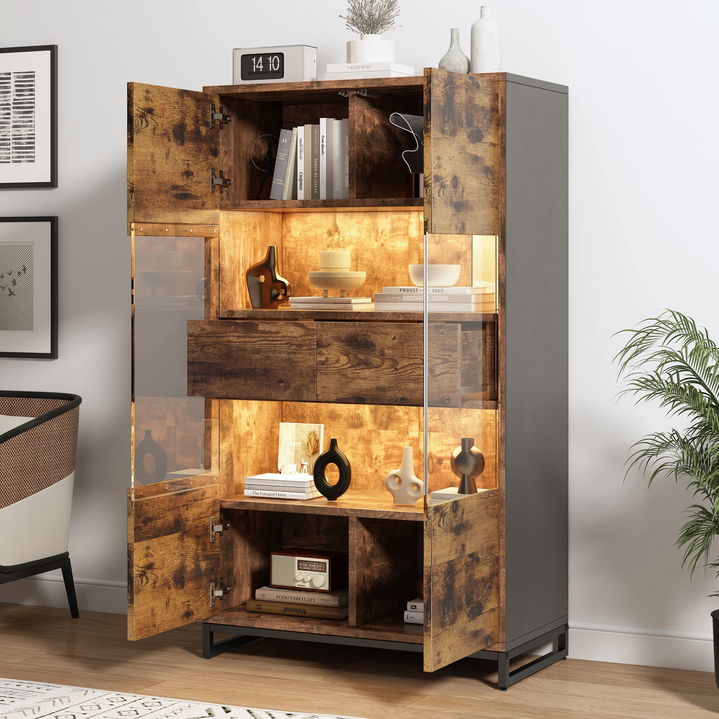 Vitrine 80*40*138cm avec éclairage LED, vitrine sur pied, vitrine avec 2 tiroirs, vitrine de rangement avec façade en acrylique, highboa