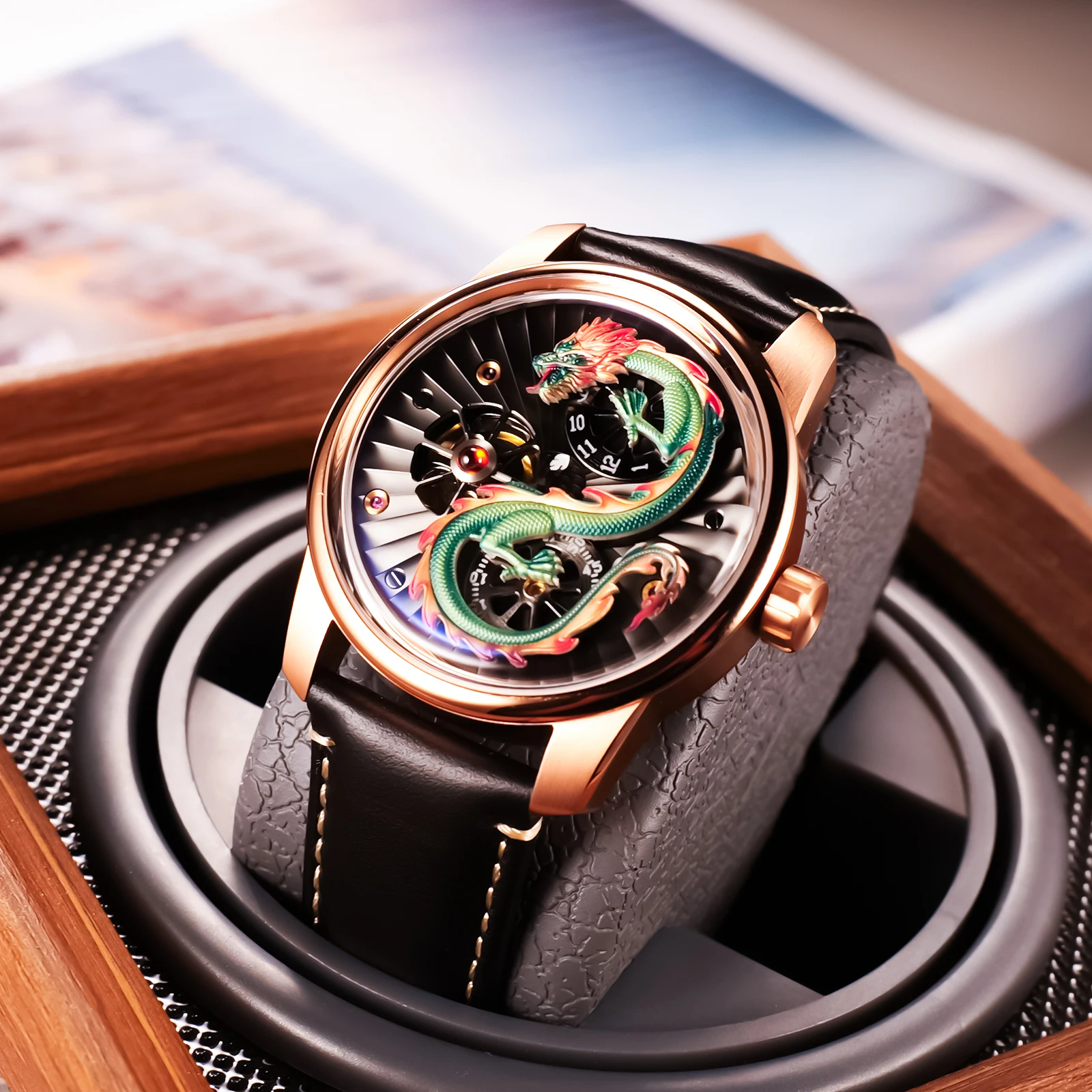 OBLVLO Luxury Rose Gold Green Dragon Mechanical Automatic Watch for Men Waterproof Black Leather Claasic Watches Clock JM-DRAGON