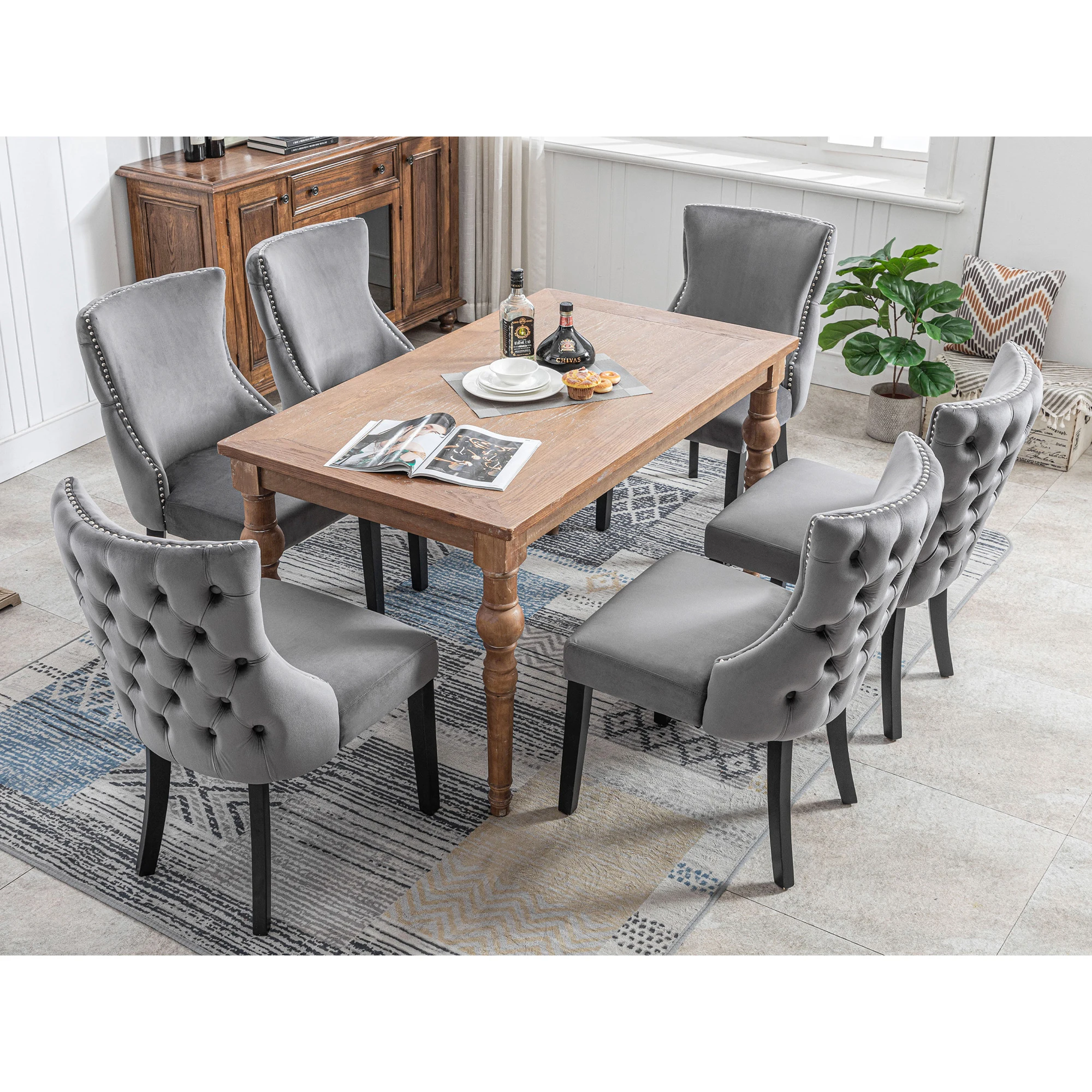 VSOGA 4-leg Chair， Gray Velvet Dining Chair， With Button Quilting， Solid Wood Frame， Grey，（set， 6 Pieces）