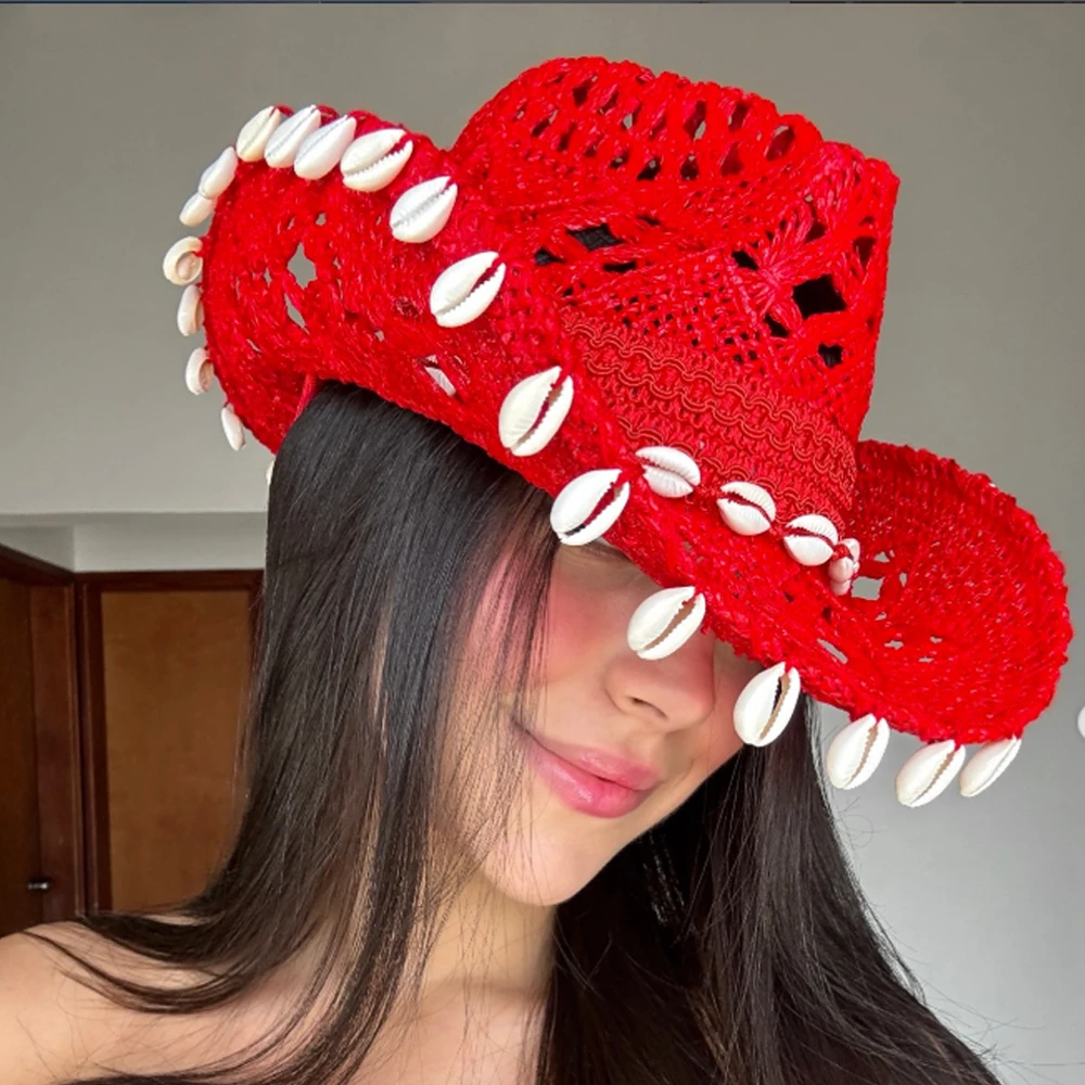 

Women's Red Crochet Cowboy Hat, Handmade Straw Cowgirl Hat with Cowrie Shells, Wide Brim Hollow Knit Sun Hat, Bohemian Western H