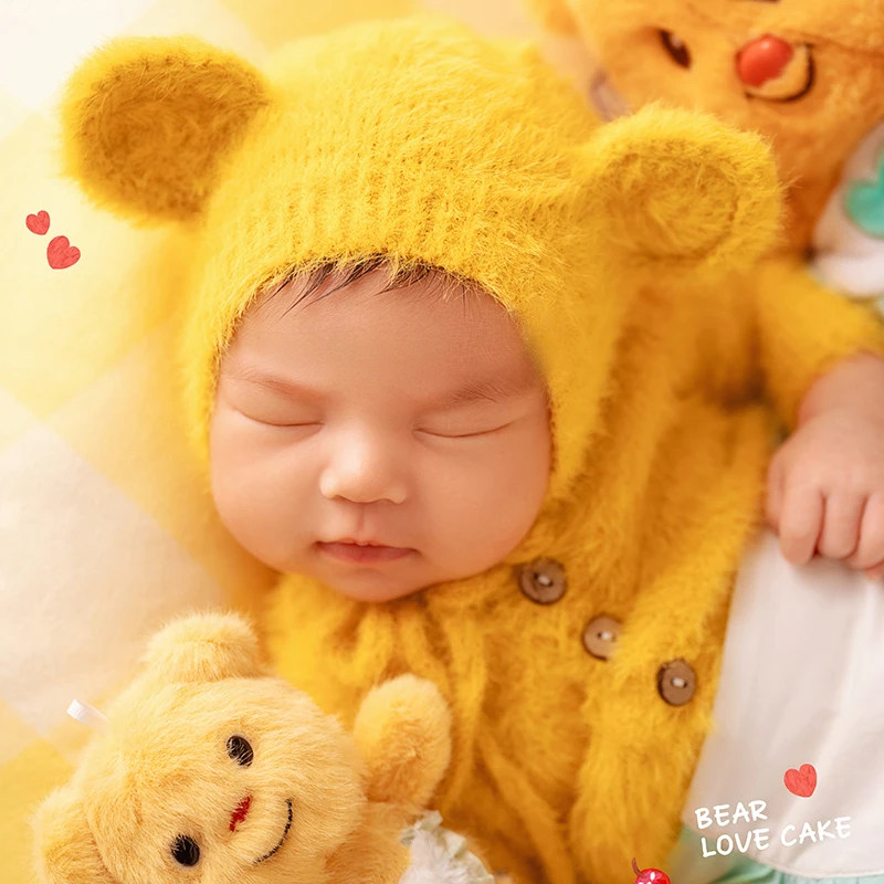 الوليد التصوير المشهد الدعائم الطفل بذلة + قبعة الدب الدمى استوديو 0-1 شهر الطفل لطيف الأصفر الدب صور موضوع الدعامة الملحقات