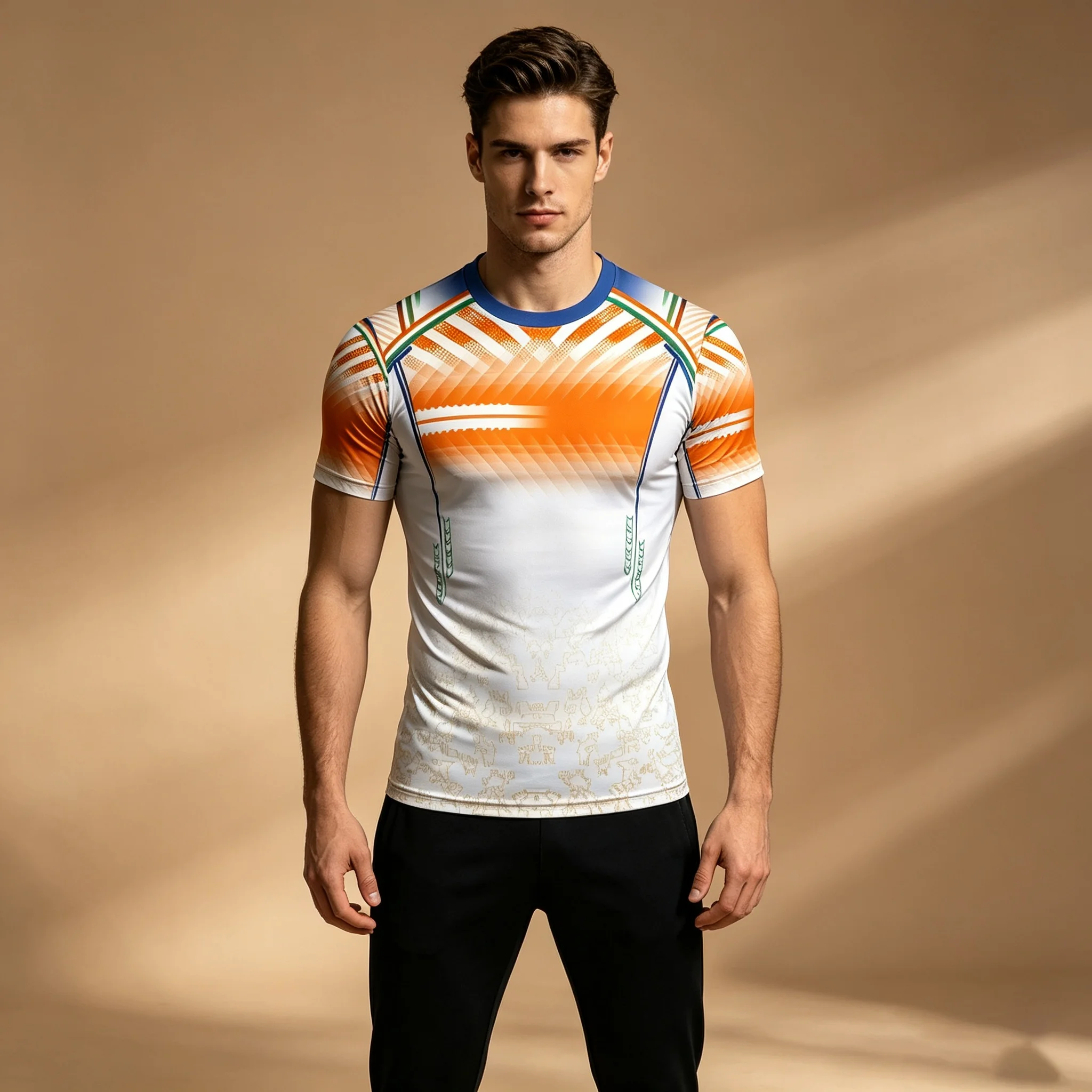 Orange White Green India Themed Graphic Tee Men Breathable Running Fitness Short Sleeve Top