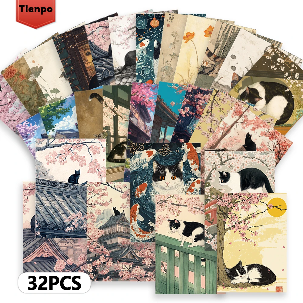 32pcs, Japanese-style cat postcards, ukiyo-e style, birthday/anniversary gifts, collectibles, suitable for gifting, mailable.