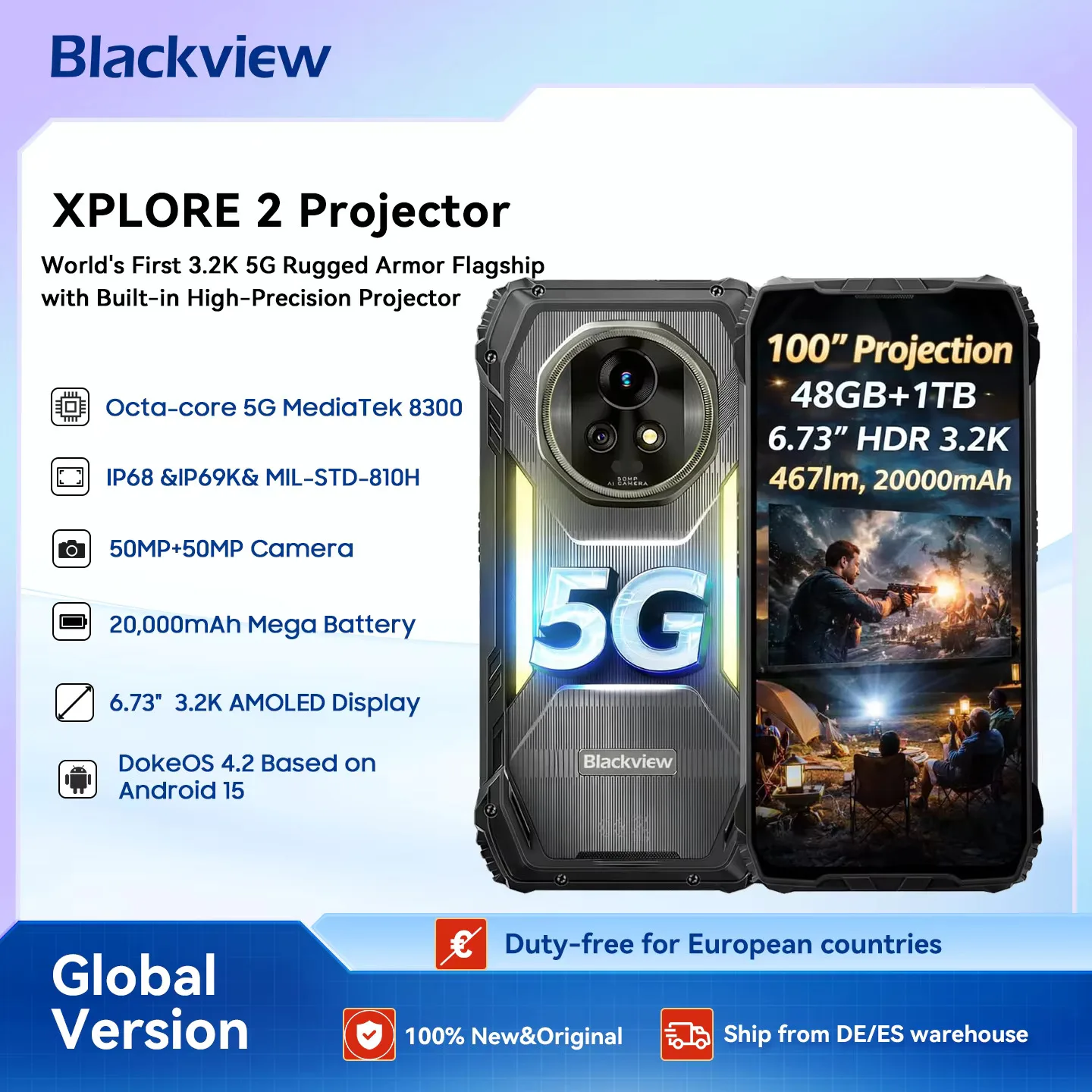 Blackview XPLORE 2 Projecteur 5G AI Smartphone robuste, écran AMOLED 6,73" 3,2K, caméra 50MP, 20000mAh, téléphone portable extérieur NFC