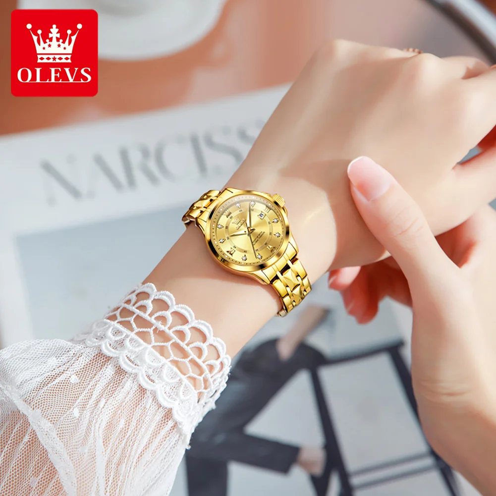 OLEVS 2906 Orologio da donna di lusso in acciaio inossidabile Movimento al quarzo oro/argento Orologio da polso luminoso impermeabile Regalo di Natale