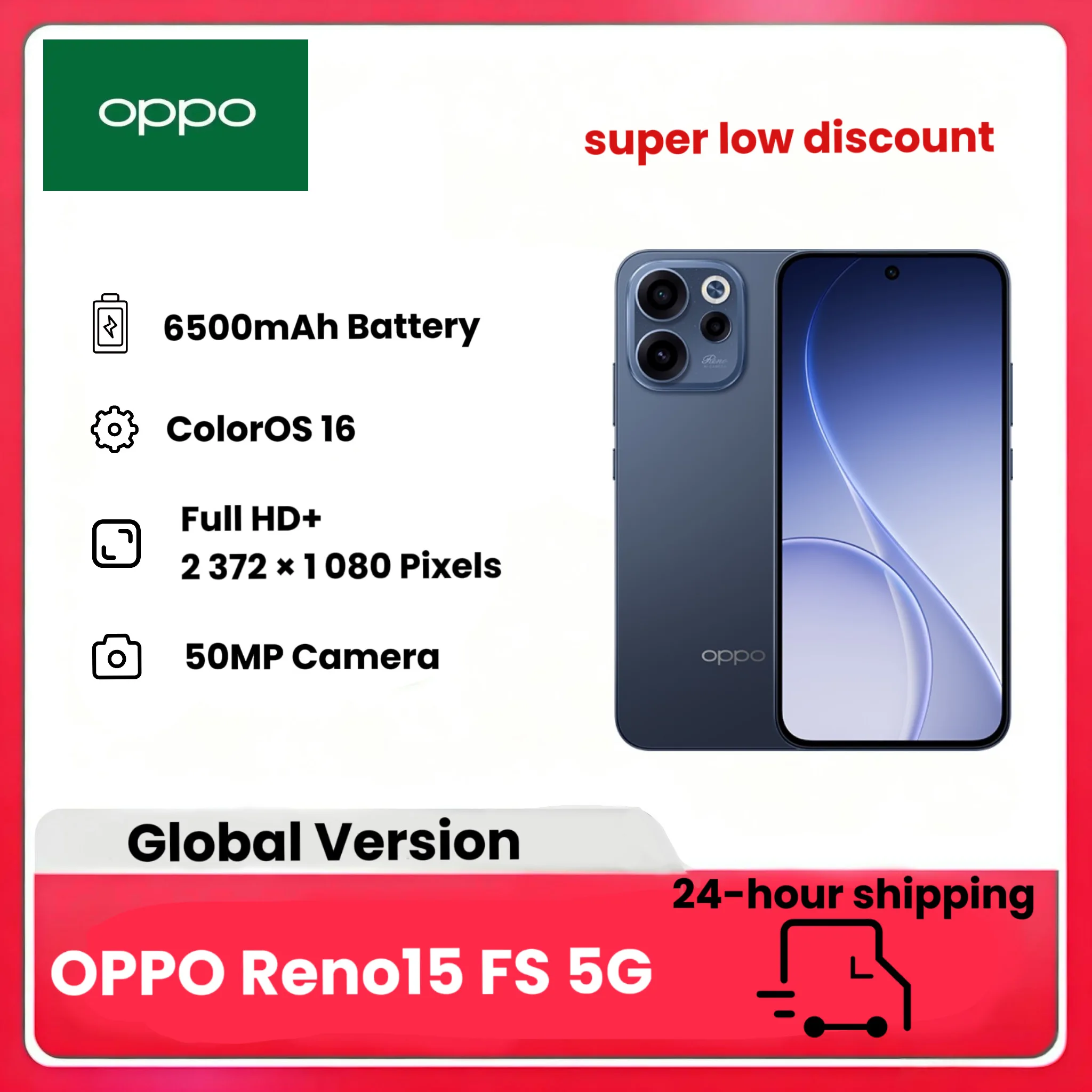 OPPO Reno15 FS 5G Android-Smartphone, 8 + 512 GB, 120 Hz-Display, 50 MP Ultraweitwinkel-Selfie-Kamera FOV ° , AI-Porträt-Glow, mAh-Akku, IP69, 80W SUPERVOOC-Blitzladung, Ladegerät nicht enthalten