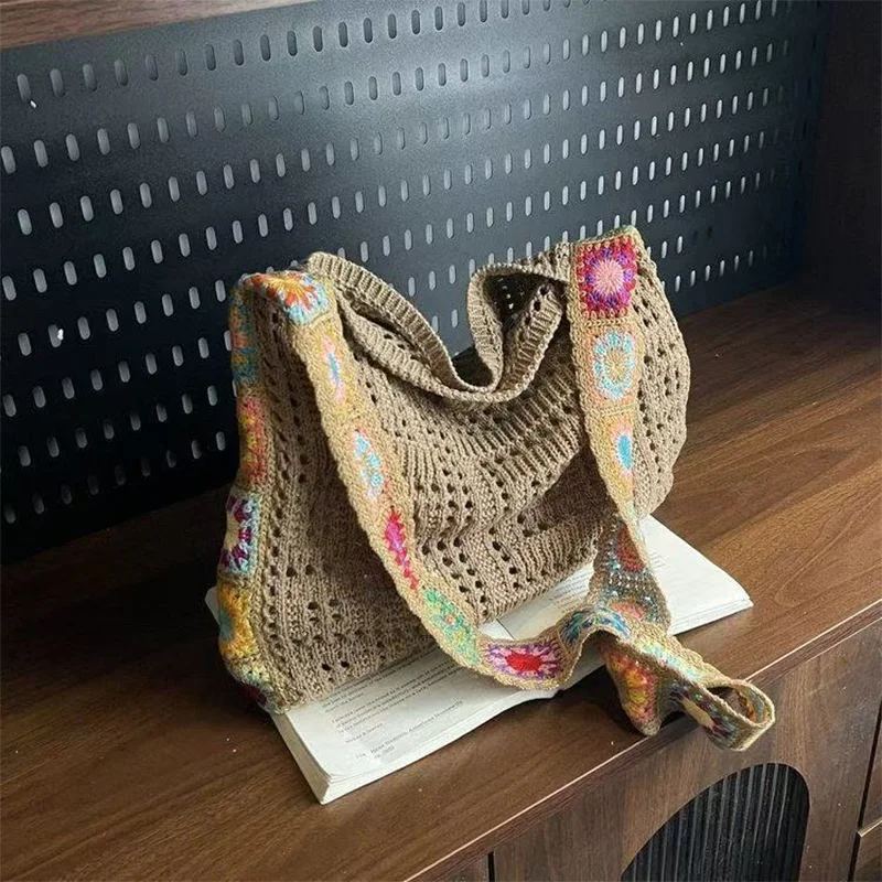 Crochet Patchwork Shoulder Bag Women Colorful Granny Square Tote Bag Handmade Bohemian Knitted Purse with Adjustable Strap