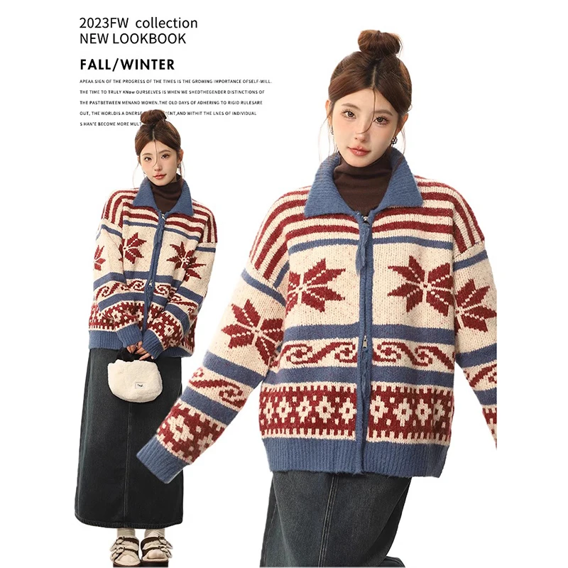 

Vintage Christmas Lapel Double Zippers Print Cardigan Knitted Sweater Women Contrasting Knitwear Autumn Winter New