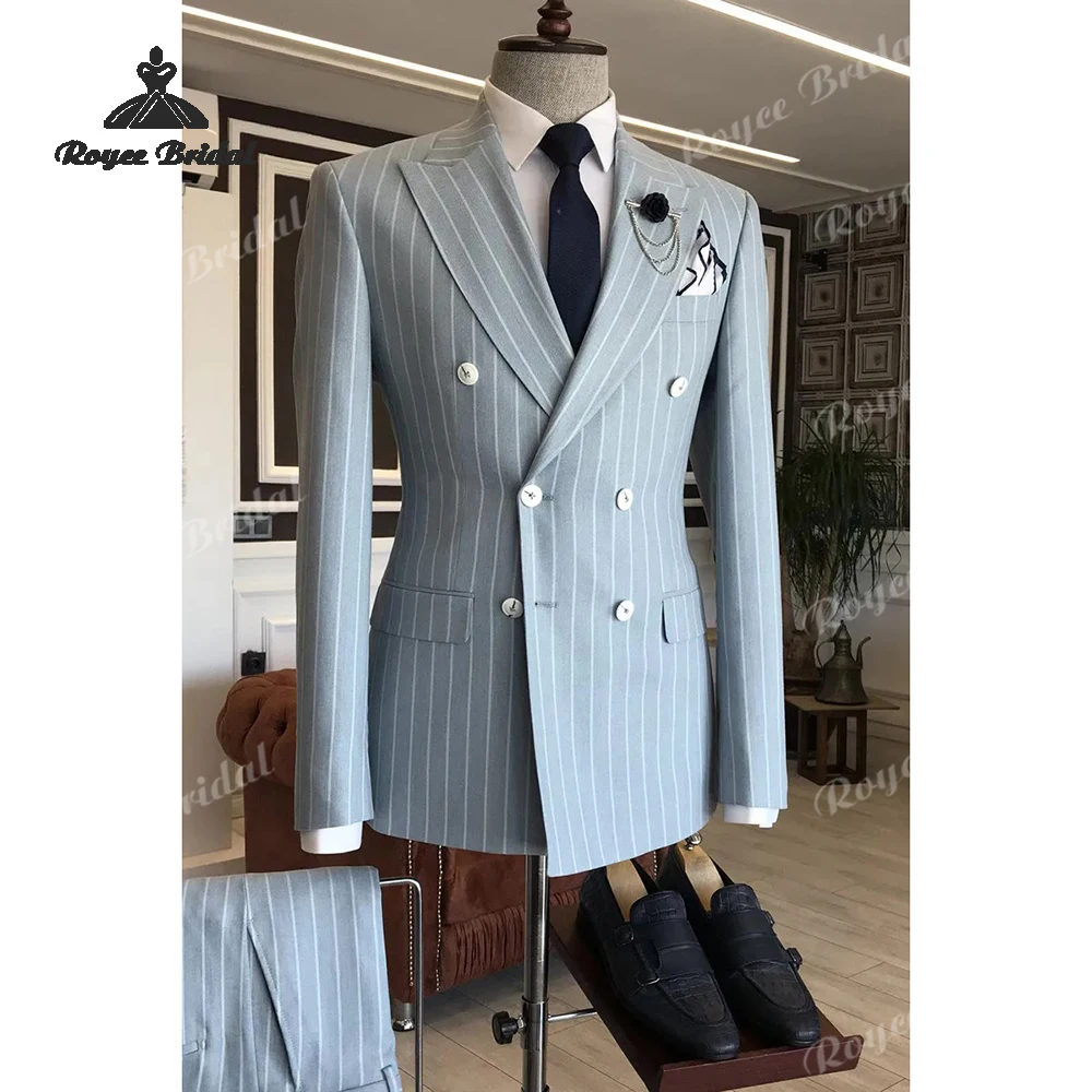 الأزرق مخطط قطعتين مزدوجة الصدر الذروة التلبيب الرجال دعوى الزفاف 2026 مساء بدلة عمل مخصص trajes الفقرة hombre #2