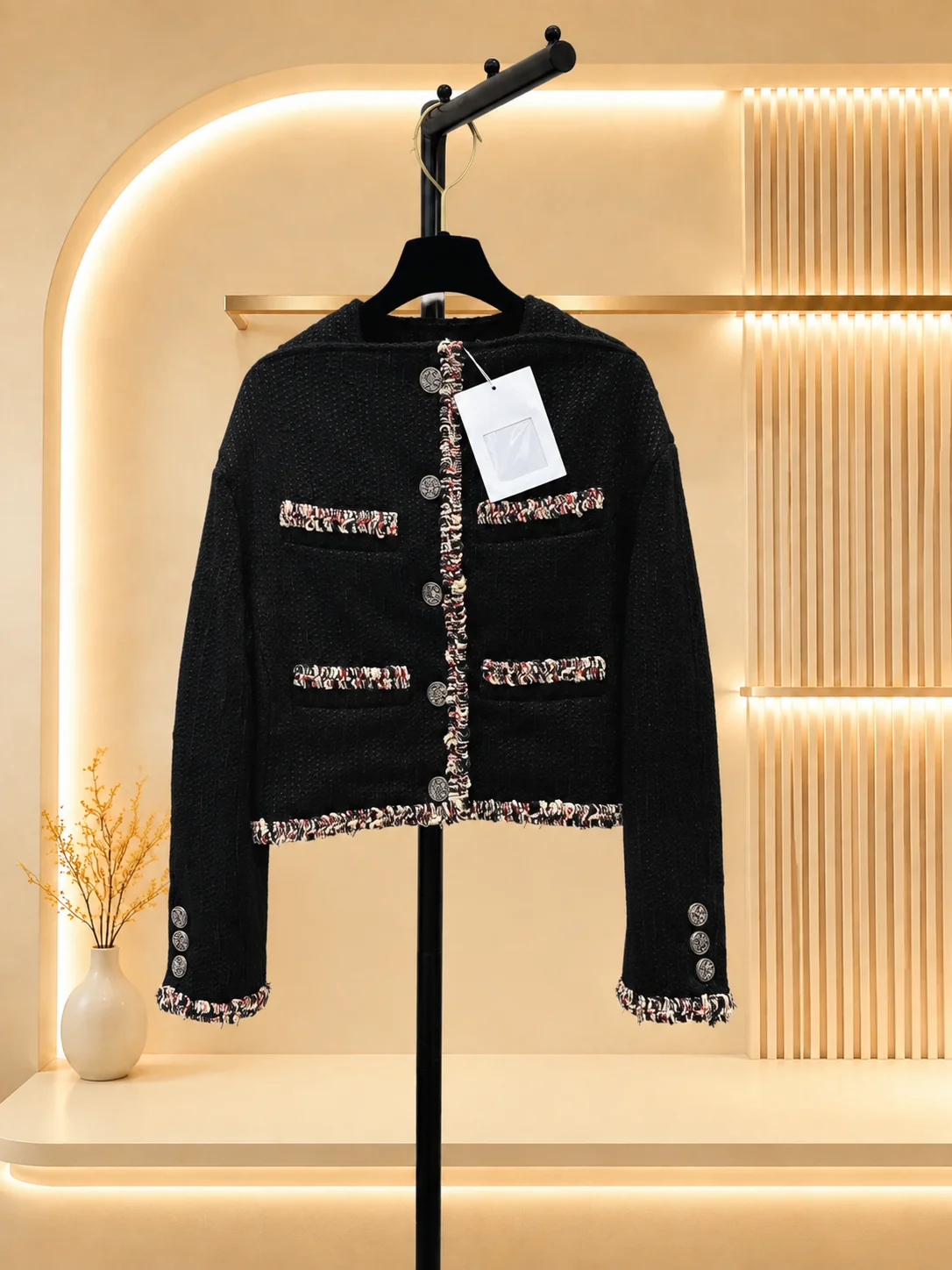 2026 Women Cropped Jacket Woven Textile 3D Textured Surface Custom Tailored Construction Patch Pockets Fringe Trim